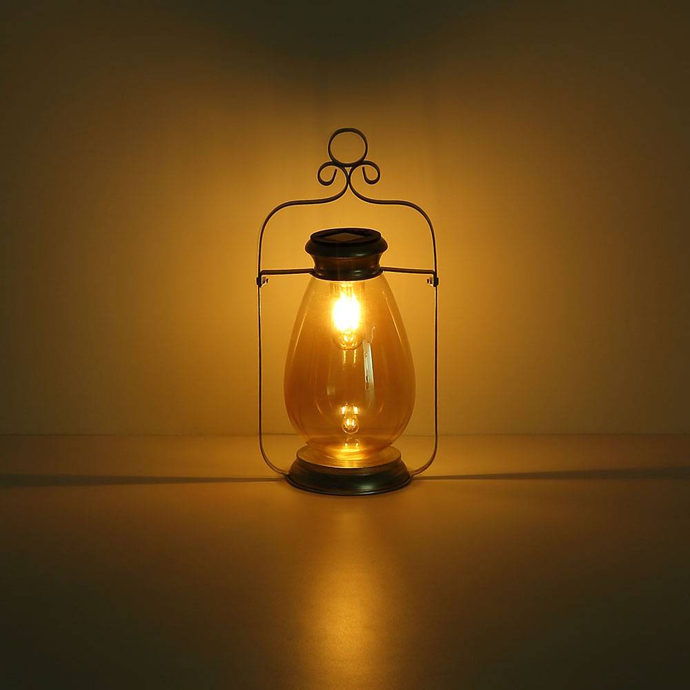 LED Solarleuchte Laterne Außenlampe Gartendeko Balkonlampe, Metall Glas amber silber, Akku IP44 Wetterfest, 3000K warmweiß, H 36,5 cm