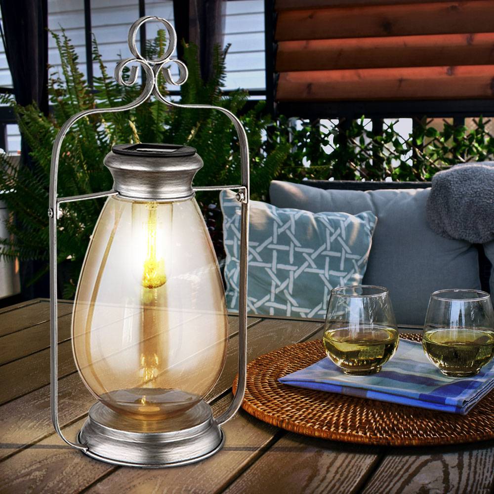 LED Solarleuchte Laterne Außenlampe Gartendeko Balkonlampe, Metall Glas amber silber, Akku IP44 Wetterfest, 3000K warmweiß, H 36,5 cm