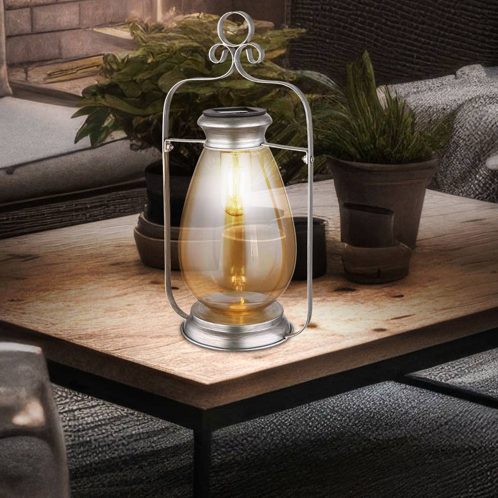 LED Solarleuchte Laterne Außenlampe Gartendeko Balkonlampe, Metall Glas amber silber, Akku IP44 Wetterfest, 3000K warmweiß, H 36,5 cm