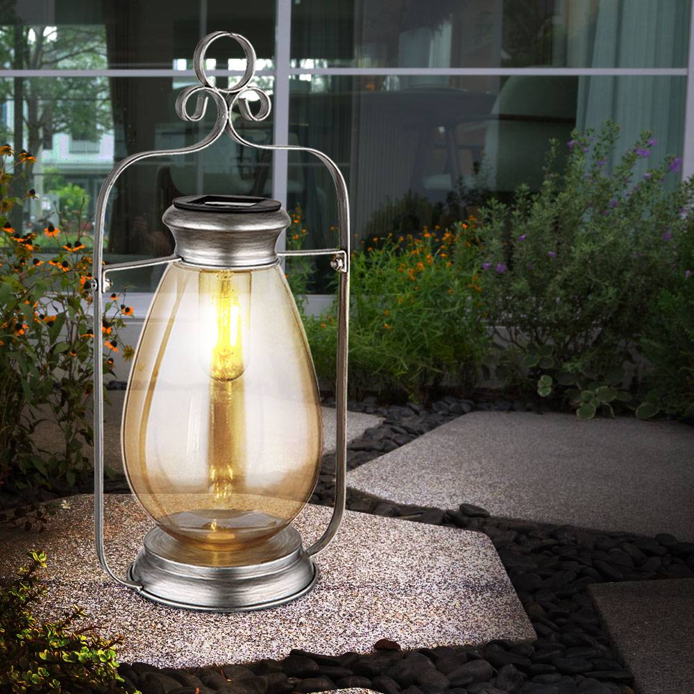 LED Solarleuchte Laterne Außenlampe Gartendeko Balkonlampe, Metall Glas amber silber, Akku IP44 Wetterfest, 3000K warmweiß, H 36,5 cm