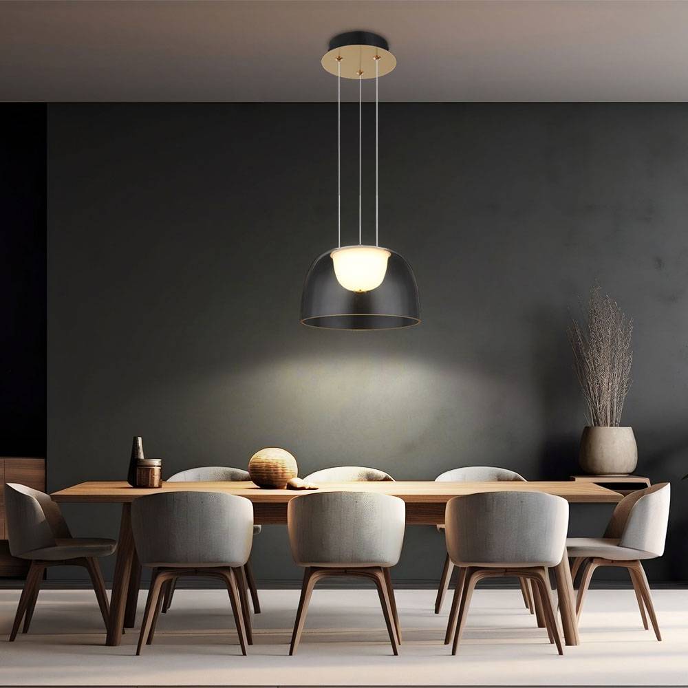 Pendellampe Hängeleuchte Deckenlampe Wohnzimmerleuchte Esszimmerleuchte, Metall Glas messing satiniert, 1x LED 10W 665Lm 3000K warmweiß, H 120 cm