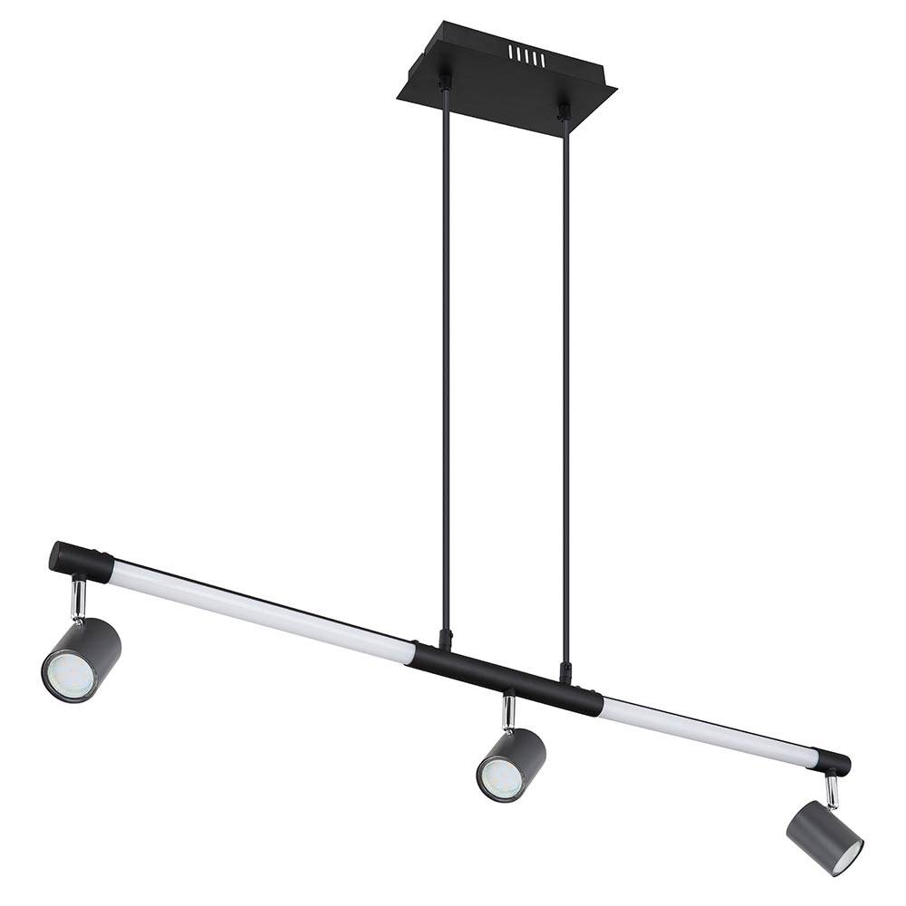 Hängelampe Pendelleuchte Esszimmerlampe Spotstrahler Deckenleuchte, Metall Chrom schwarz Kunststoff opal, 3x GU10, Spots schwenkbar, 1x LED 12W