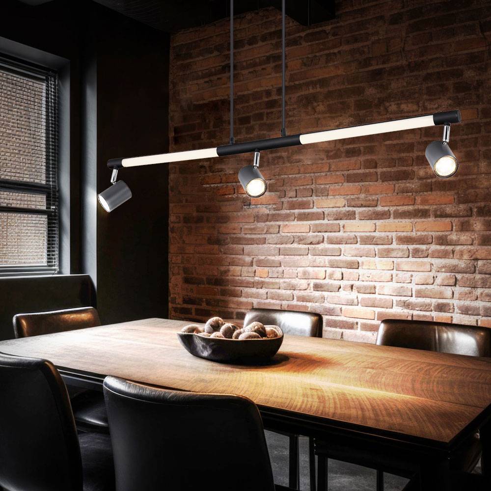 Hängeleuchte Pendellampe Esszimmerlampe Spotstrahler Deckenleuchte, Metall Chrom schwarz Kunststoff opal, 3x GU10, Spots schwenkbar, 1x LED 12W