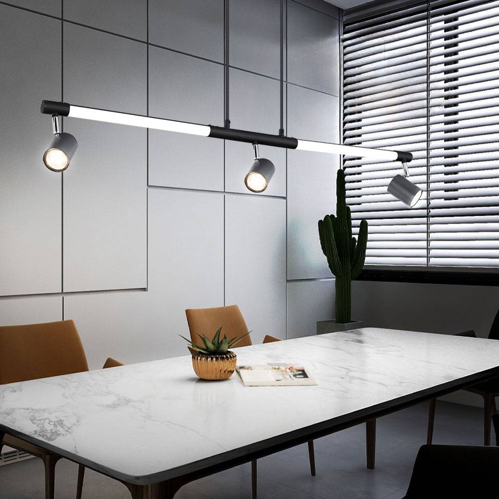 Hängelampe Pendelleuchte Esszimmerlampe Spotstrahler Deckenleuchte, Metall Chrom schwarz Kunststoff opal, 3x GU10, Spots schwenkbar, 1x LED 12W