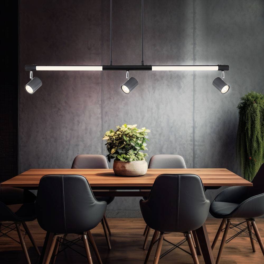 Hängeleuchte Pendellampe Esszimmerlampe Spotstrahler Deckenleuchte, Metall Chrom schwarz Kunststoff opal, 3x GU10, Spots schwenkbar, 1x LED 12W