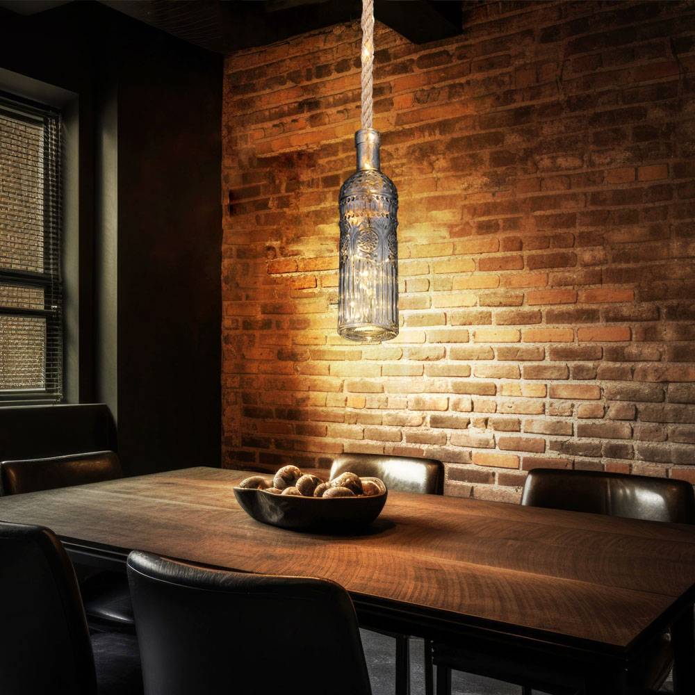 LED Pendelleuchte Hängelampe Deckenleuchte Wohnzimmerlampe Deko Lichterkette, Hanfseil Glas rauchfarben, 3000K warmweiß, H 174 cm