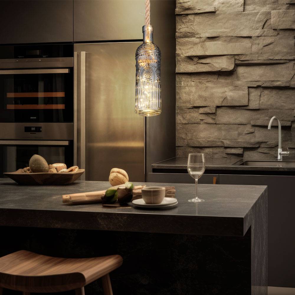 LED Pendelleuchte Hängelampe Deckenleuchte Wohnzimmerlampe Deko Lichterkette, Hanfseil Glas rauchfarben, 3000K warmweiß, H 174 cm, 2er Set