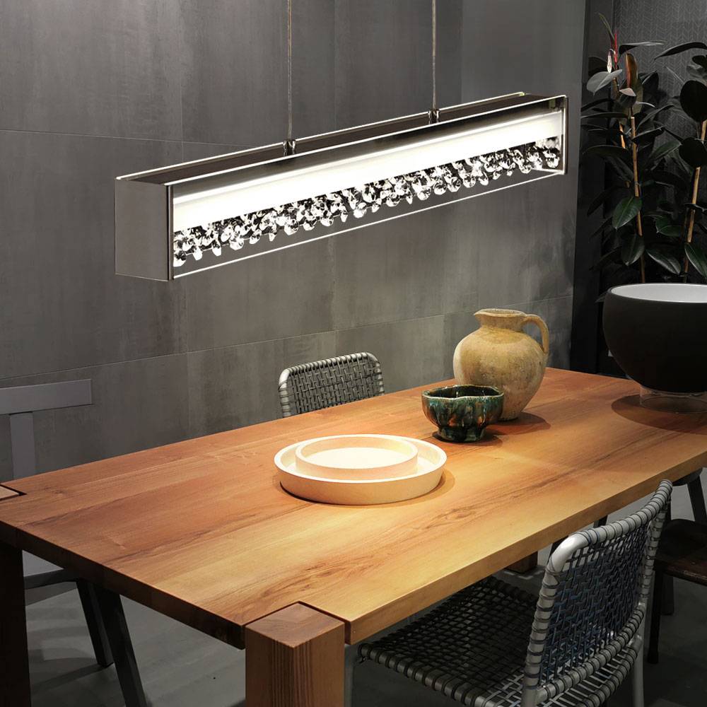 Hängeleuchte Hängelampe Pendelleuchte Esszimmerlampe Wohnzimmer, Chrom Kristalle Glas, 1x LED 12W 850Lm 3000K, HxLxB 110x66x6,5 cm
