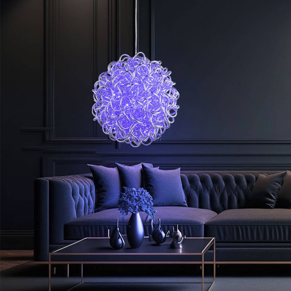 Hängeleuchte Farbwechsel Pendelleuchte Kugelgeflecht Kugelleuchte Hängelampe, Alu silber metallic, 120x RGB LED 0,06W, DxH 28x150 cm