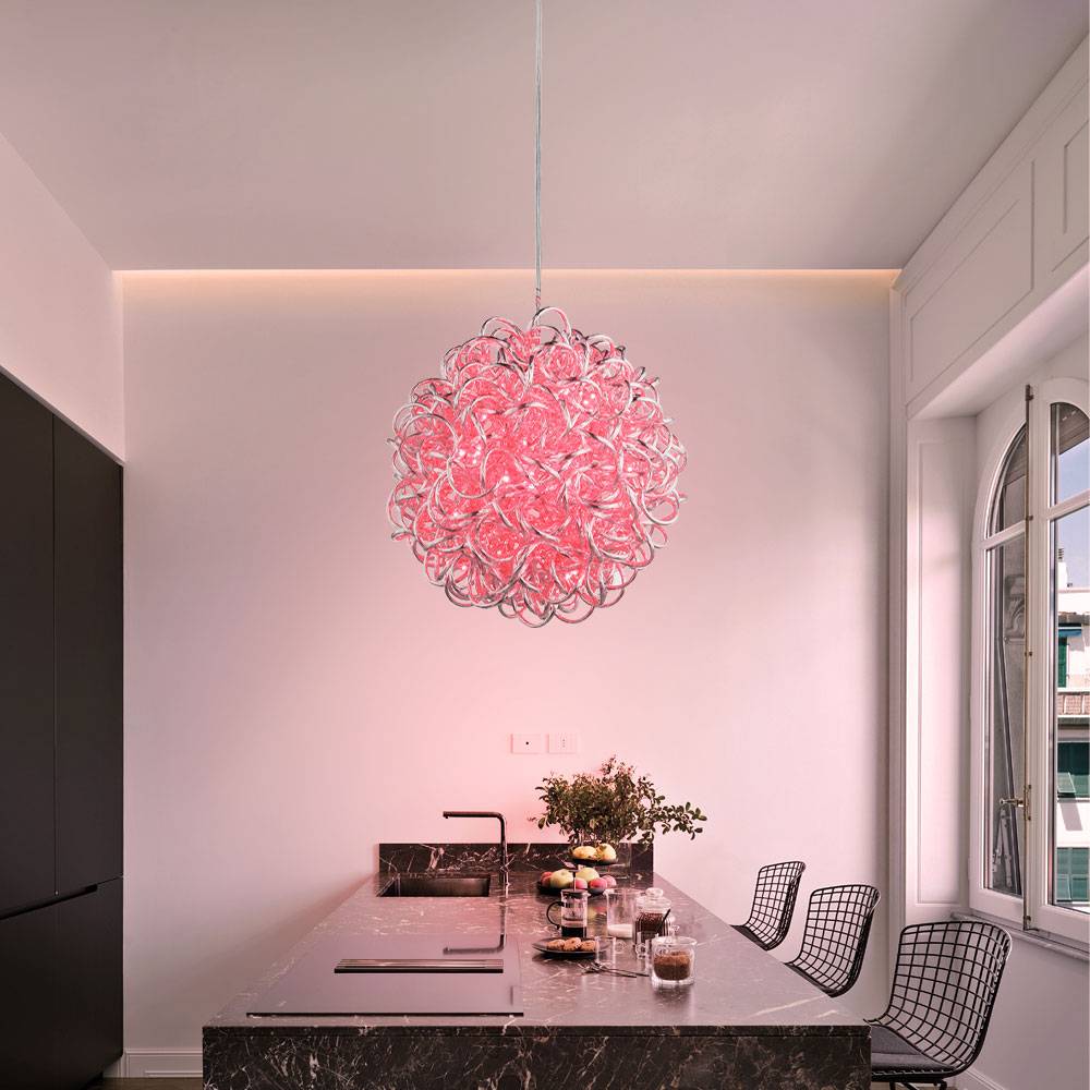 Hängeleuchte Farbwechsel Pendelleuchte Kugelgeflecht Kugelleuchte Hängelampe, Alu silber metallic, 120x RGB LED 0,06W, DxH 28x150 cm