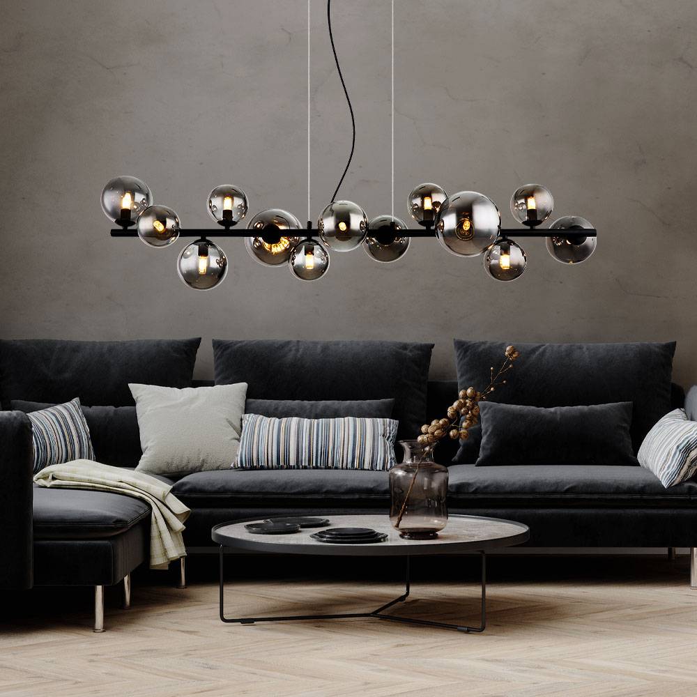 LED Pendelleuchte Hängelampe Esszimmerlampe Wohnzimmerleuchte, Metall schwarz Glas rauchfarben, Höhenverstellbar 13 Flammig G9, 3,5W 350lm 3000K war