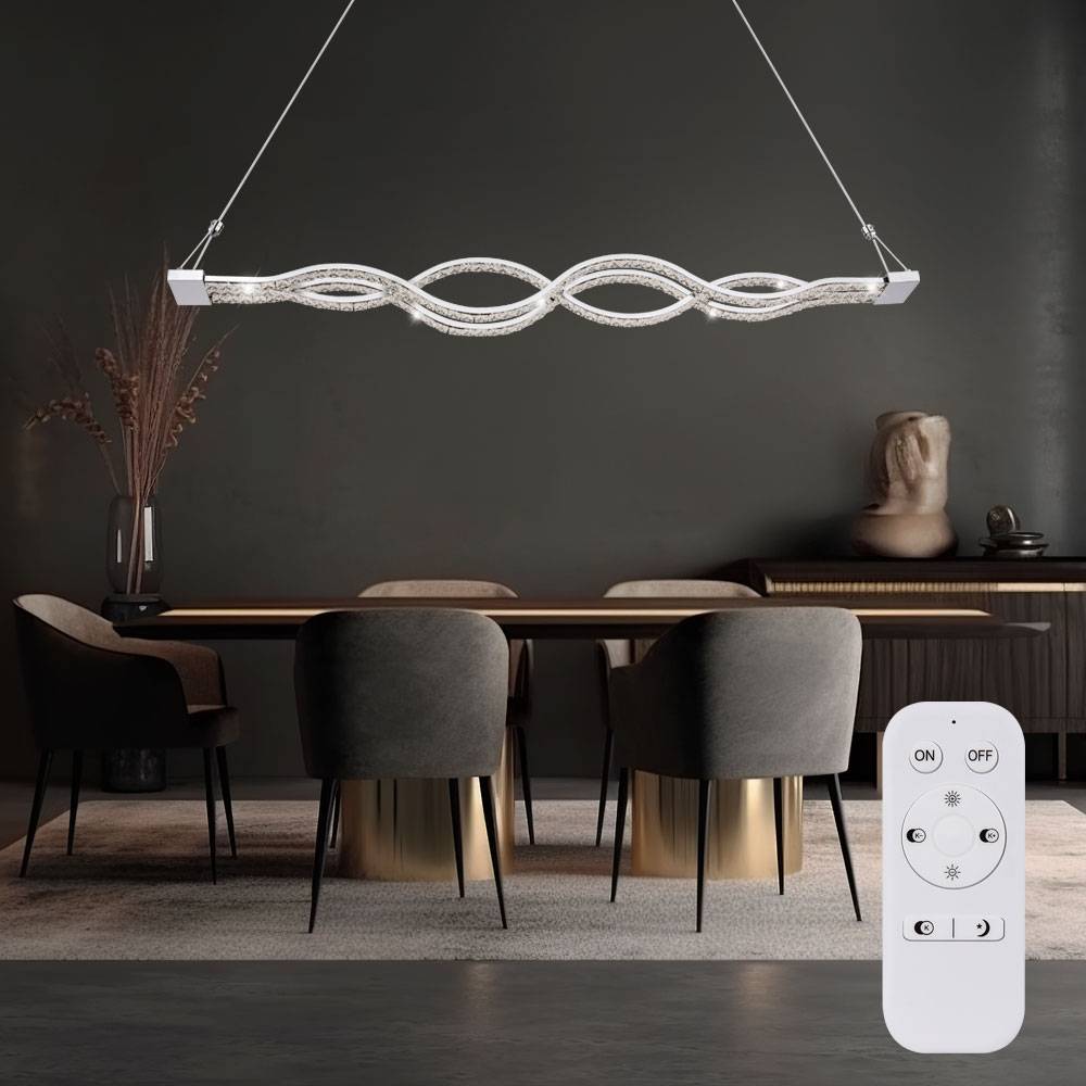 Pendellampe Hängelampe Hängeleuchte geschwungenes Design, Glaskristalle chrom, Fernbedienung dimmbar, CCT, 1x LED 30W 2945Lm warm-kaltweiß, LxBxH