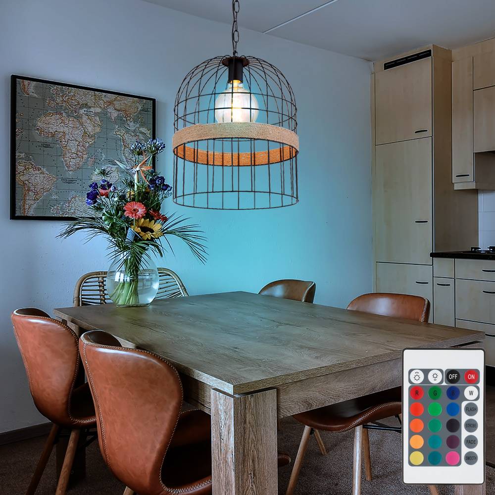 LED Hängeleuchte dimmbar mit Fernbedienung Pendellampe Hanfseil Pendelleuchte Wohnzimmer, RGB Farbwechsel, Metallgitter Optik, schwarz braun, 8,5W