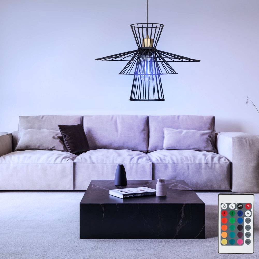 Hängelampe dimmbar mit Fernbedienung Esszimmerleuchte Retro Deckenleuchte hängend Käfig, RGB Farbwechsel, 8,5W 806lm warmweiß, DxH 45x150 cm