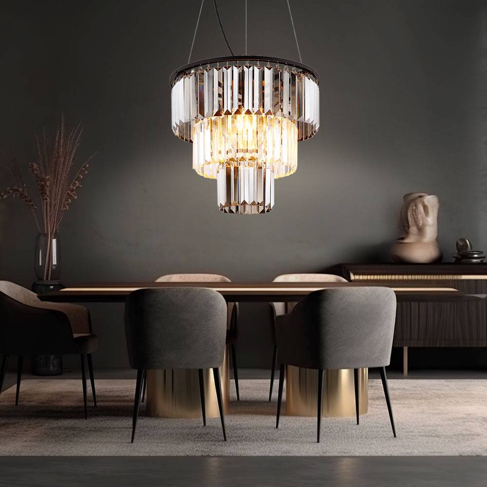 Kronleuchter Glaskristalle Hängelampe Kristall Pendelleuchte Esszimmerleuchte, rauch klar, Fernbedienung dimmbar, 3x RGB LED 8,5W 806Lm warmweiß, Dx