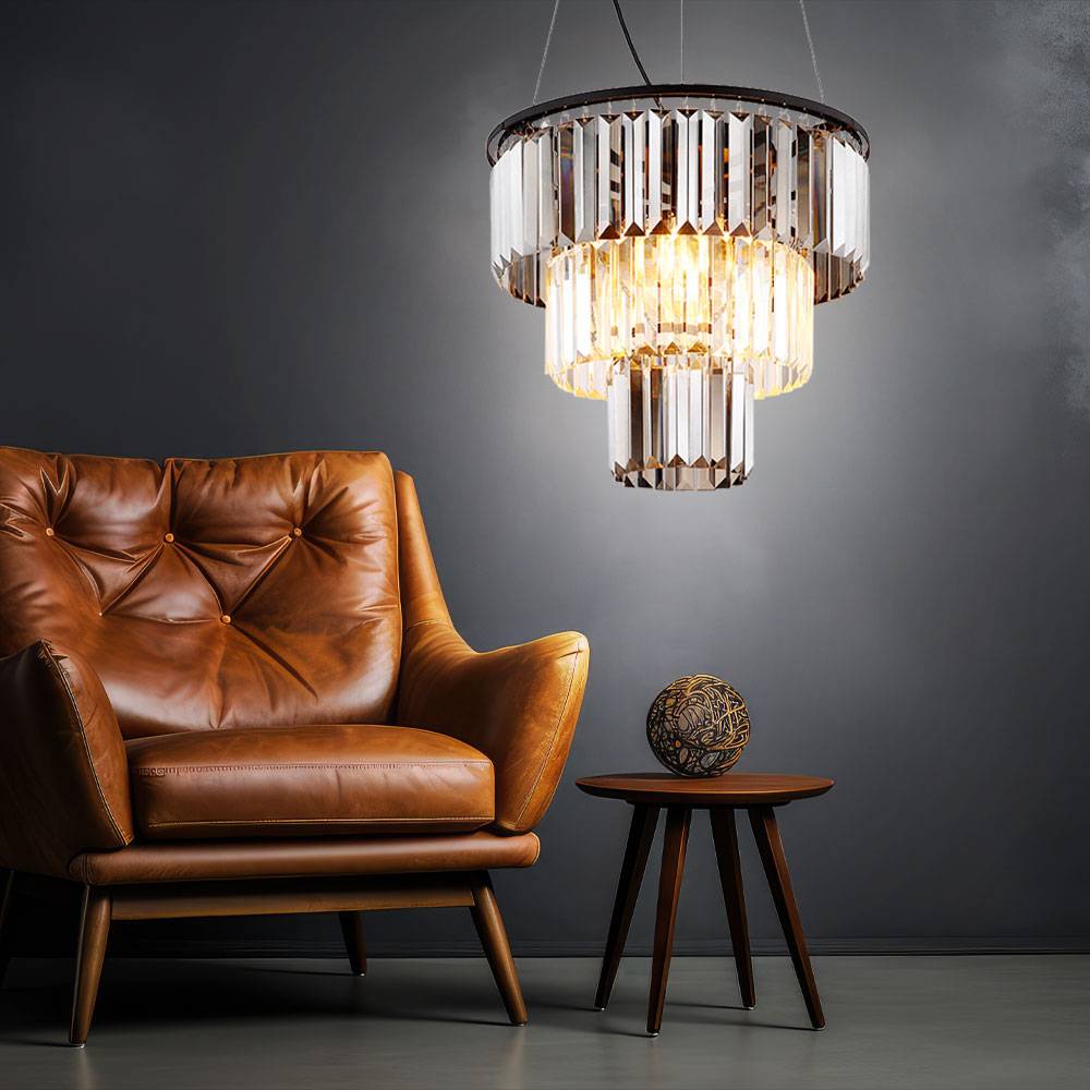 Kronleuchter Glaskristalle Hängelampe Kristall Pendelleuchte Esszimmerleuchte, rauch klar, Fernbedienung dimmbar, 3x RGB LED 8,5W 806Lm warmweiß, Dx