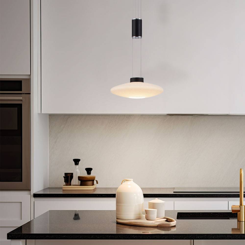 Pendelleuchte Zugpendel höhenverstellbar schwarz Esstischlampe Hängeleuchte 1 flammig LED dimmbar, Metall Glas, 1x LED 1x 9,5 Watt warmweiß, DxH 23