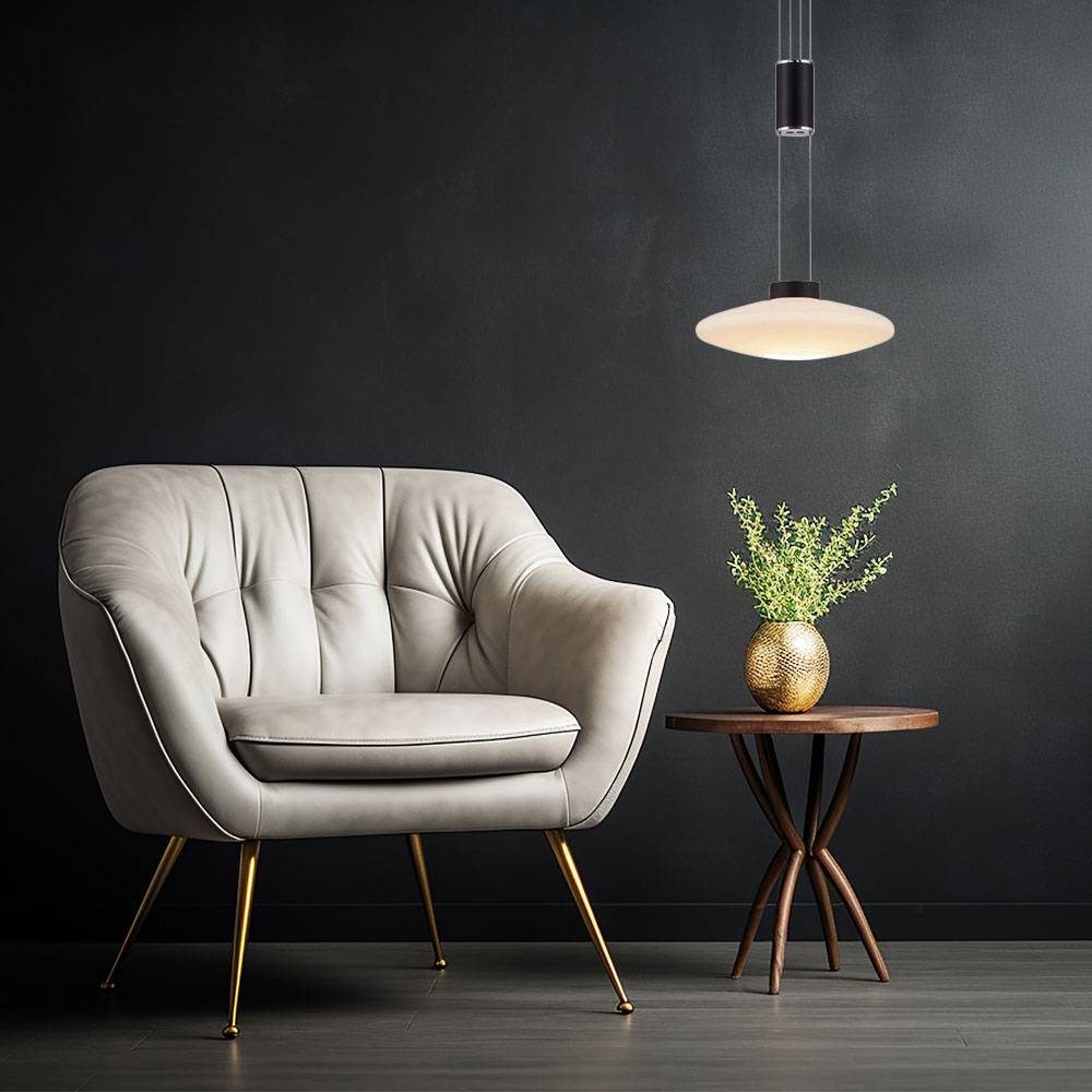 Pendelleuchte Zugpendel höhenverstellbar schwarz Esstischlampe Hängeleuchte 1 flammig LED dimmbar, Metall Glas, 1x LED 1x 9,5 Watt warmweiß, DxH 23