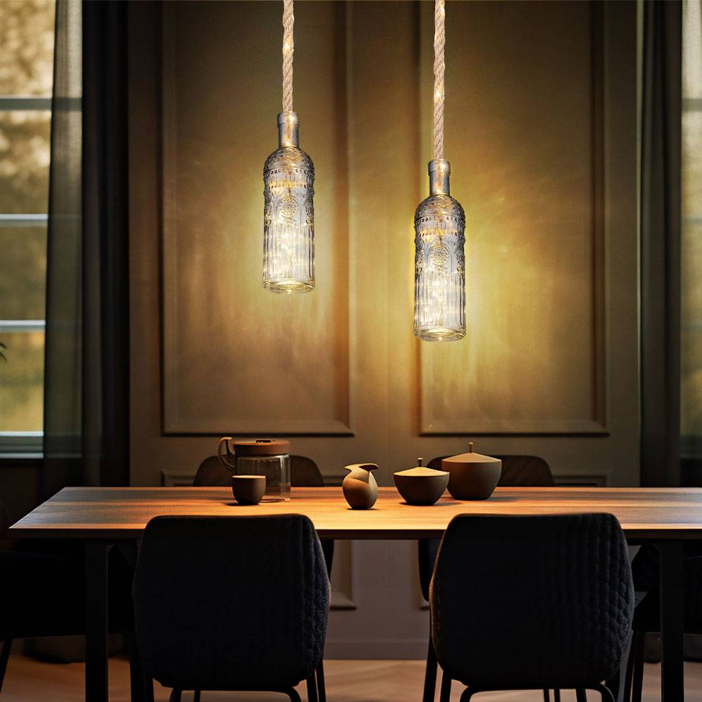 LED Pendelleuchte Hängelampe Deckenleuchte Wohnzimmerlampe Deko Lichterkette, Hanfseil Glas rauchfarben, 3000K warmweiß, H 174 cm, 2er Set