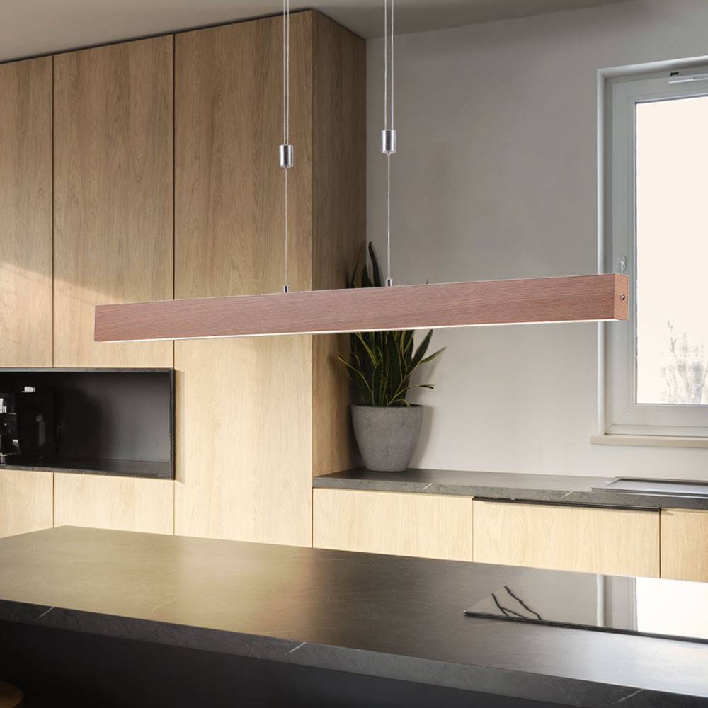 LED Pendelleuchte Holzdekor Hängelampe Esstisch Touchdimmer, Holzoptik Memory CCT, braun Stahl silber, 1x LED 30W 1600Lm 2700-5000K, HxLxB