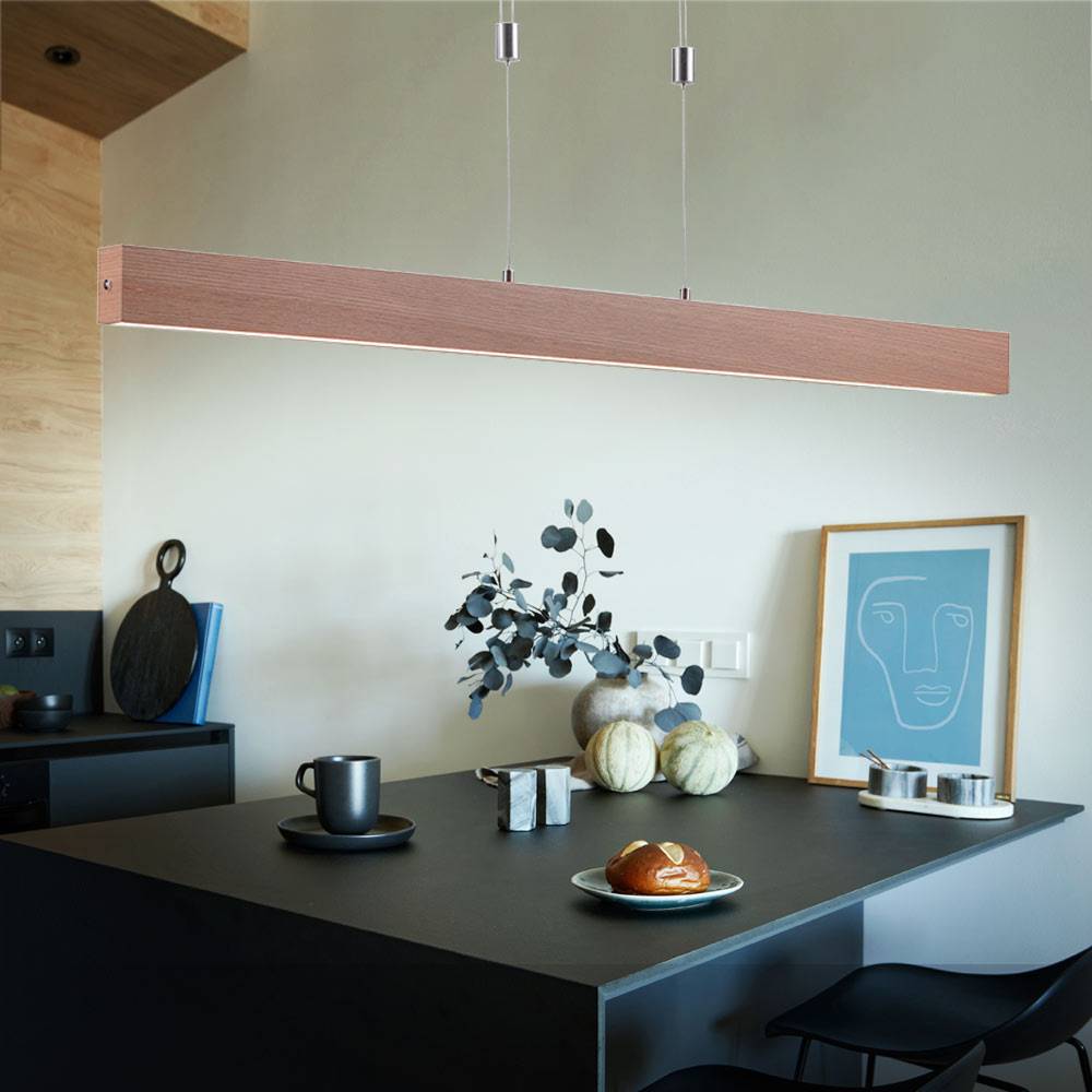 LED Pendelleuchte Holzdekor Hängelampe Esstisch Touchdimmer, Holzoptik Memory CCT, braun Stahl silber, 1x LED 30W 1600Lm 2700-5000K, HxLxB