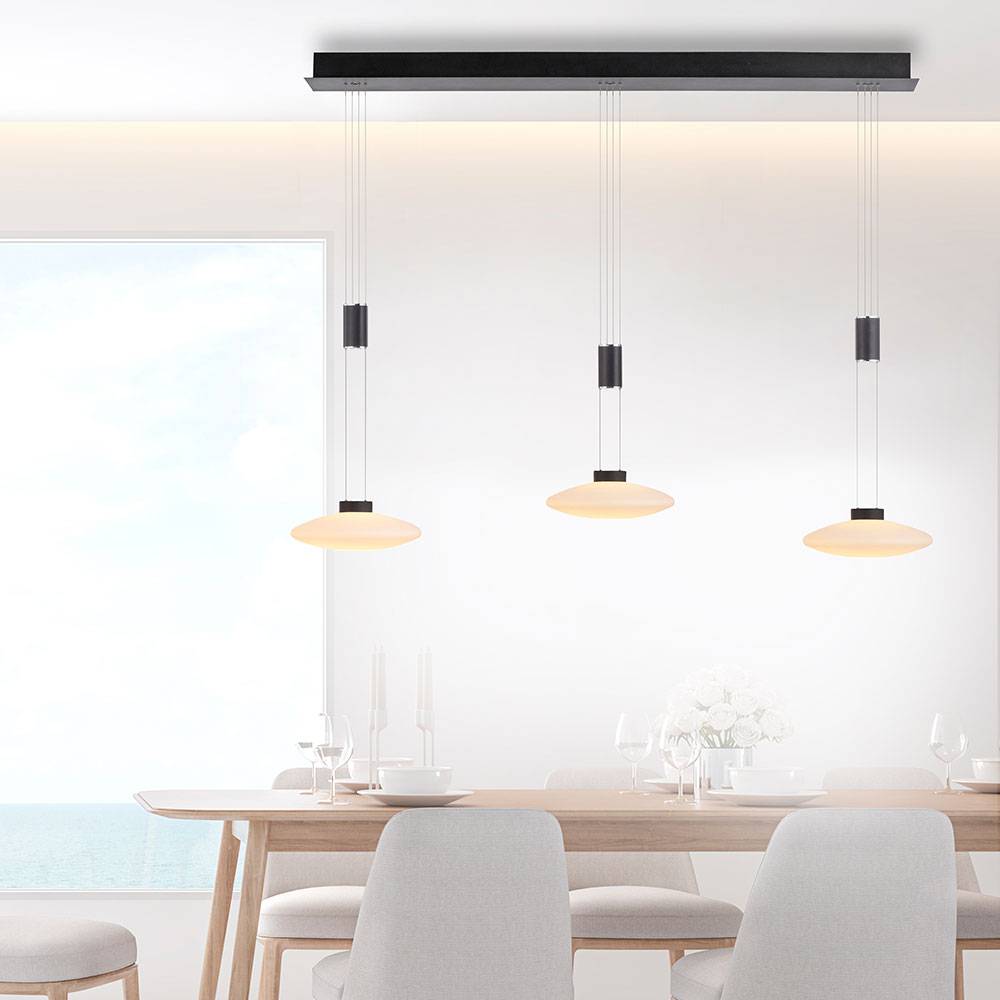 LED Pendelleuchte Hängelampe Wohnzimmerleuchte Esszimmerlampe Deckenleuchte, Metall schwarz Glas, dimmbar höhenverstellbar 3 Flammig, 26W 1800Lm 300