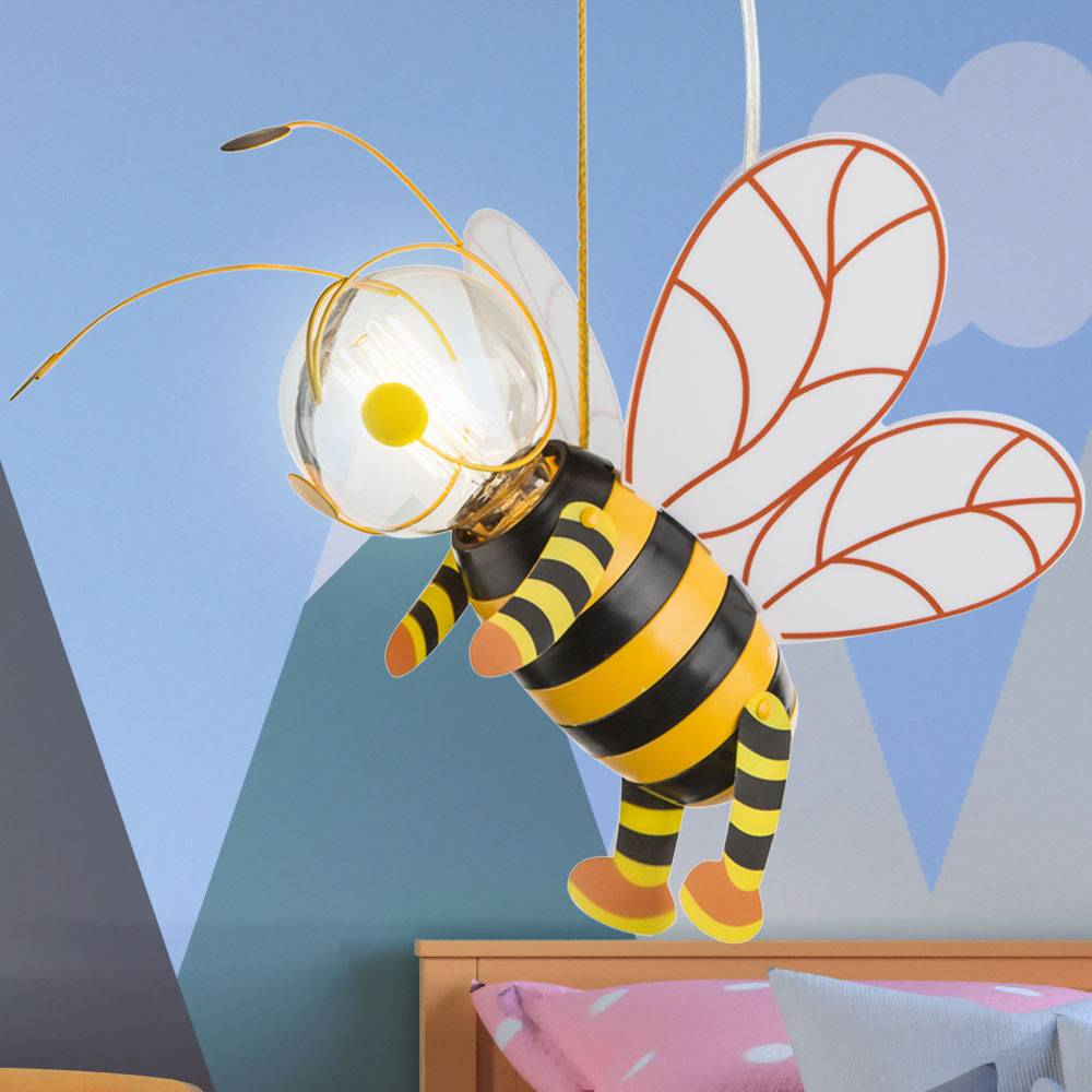 Hängelampe Kinderzimmer Pendelleuchte Biene LED Schlafzimmerlampe Junge Mädchen, Metall schwarz gelb, LED 7W 700lm 2700K warmweiß, LxBxH 36x25x120