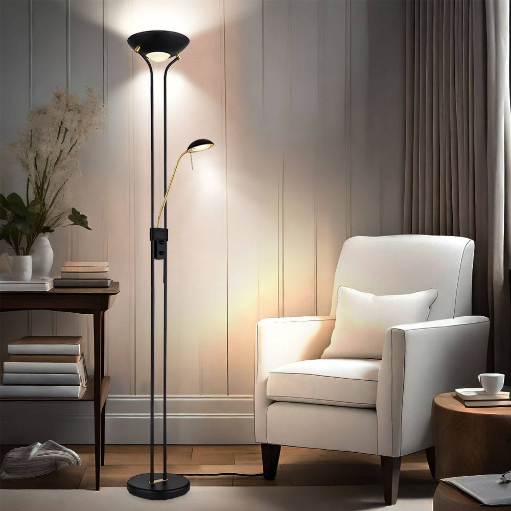 LED Deckenfluter Stehlampe Standleuchte Leseleuchte Wohnzimmerlampe, Flexo Dimmer schwenkbarer Lesespot, Metall Glas Acryl schwarz messing, 20W