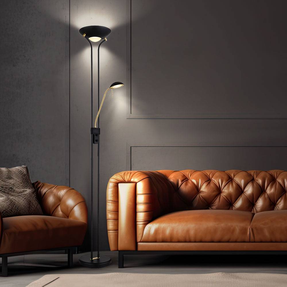 LED Deckenfluter Stehlampe Standleuchte Leseleuchte Wohnzimmerlampe, Flexo Dimmer schwenkbarer Lesespot, Metall Glas Acryl schwarz messing, 20W