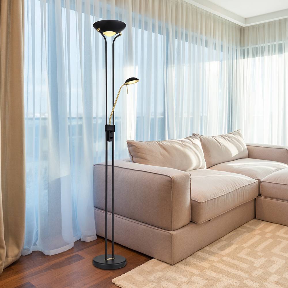 LED Deckenfluter Stehlampe Standleuchte Leseleuchte Wohnzimmerlampe, Flexo Dimmer schwenkbarer Lesespot, Metall Glas Acryl schwarz messing, 20W