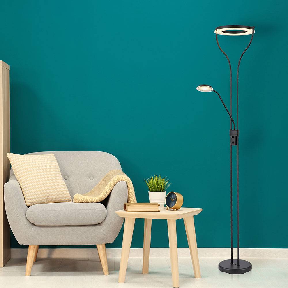 LED Deckenfluter Stehlampe Standleuchte Leselampe Wohnzimmerleuchte, Metall Acryl schwarz, Flexo dimmbar beweglicher Lesespot, 20W 3000K warmweiß