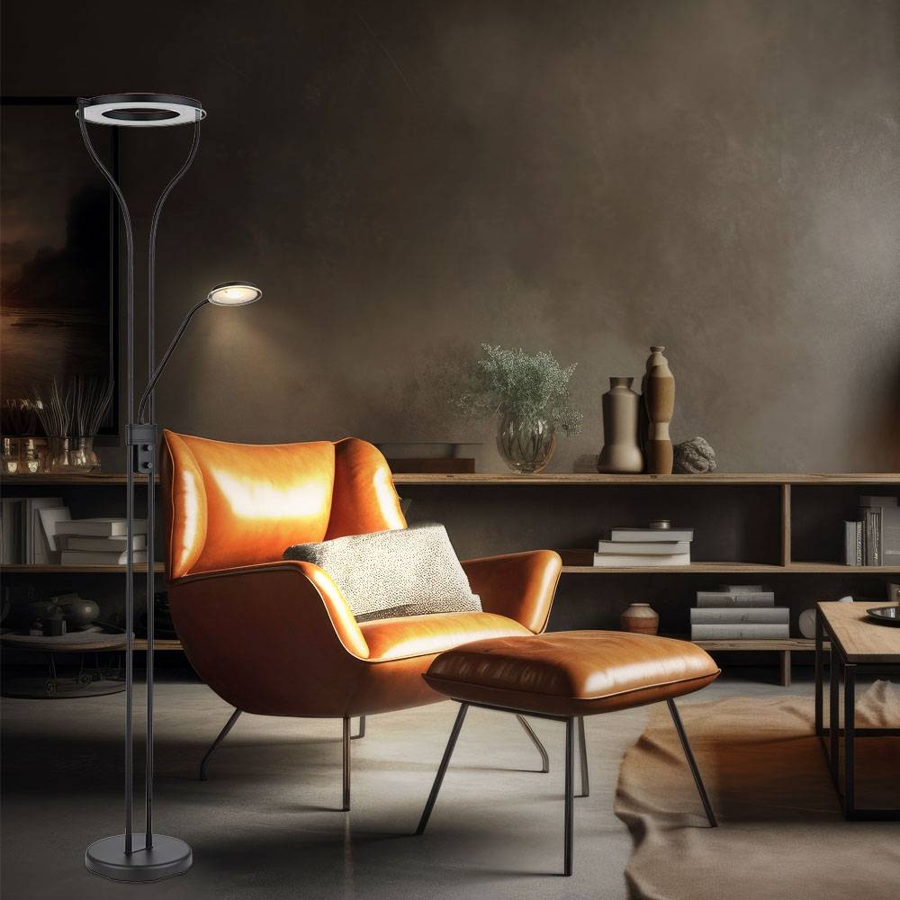 LED Deckenfluter Stehlampe Standleuchte Leselampe Wohnzimmerleuchte, Metall Acryl schwarz, Flexo dimmbar beweglicher Lesespot, 20W 3000K warmweiß