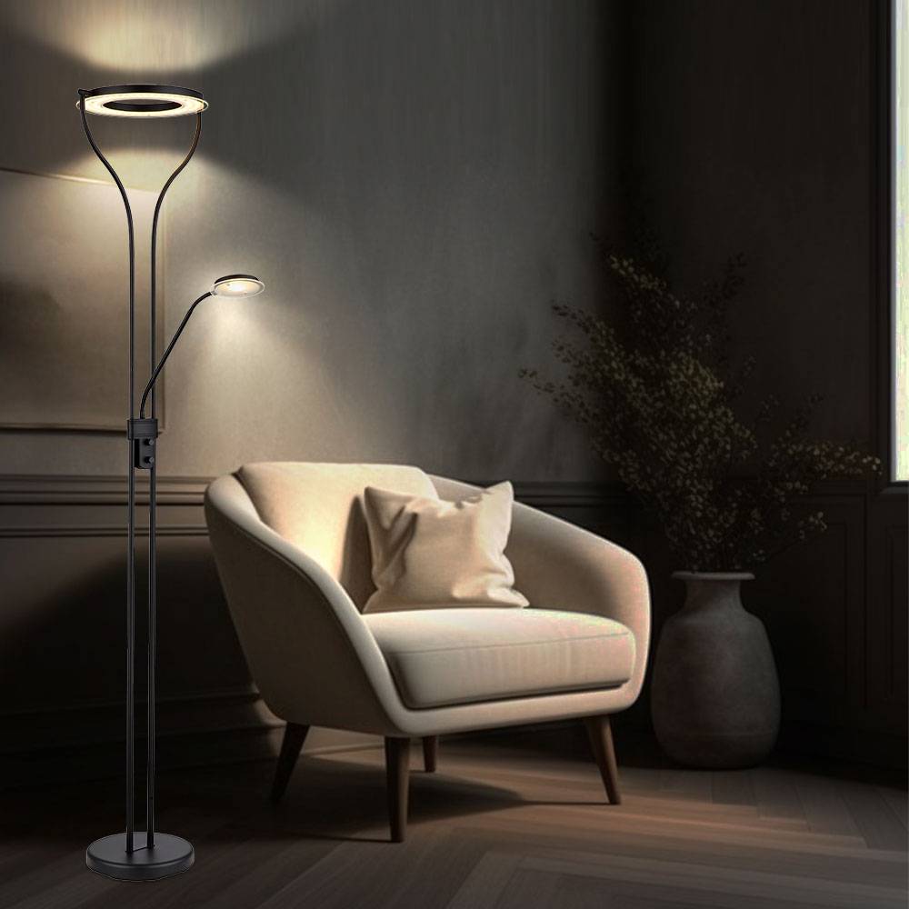 LED Deckenfluter Stehlampe Standleuchte Leselampe Wohnzimmerleuchte, Metall Acryl schwarz, Flexo dimmbar beweglicher Lesespot, 20W 3000K warmweiß