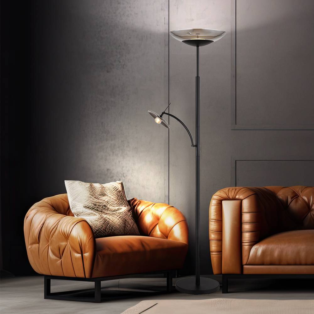 LED Stehlampe Deckenfluter Leselampe Wohnzimmerlampe Schlafzimmerleuchte, Metall schwarz Glas rauchfarben, Touchdimmer Leselampe beweglich, 40W