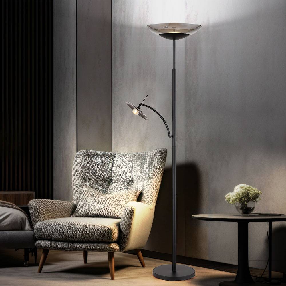 LED Stehlampe Deckenfluter Leselampe Wohnzimmerlampe Schlafzimmerleuchte, Metall schwarz Glas rauchfarben, Touchdimmer Leselampe beweglich, 40W