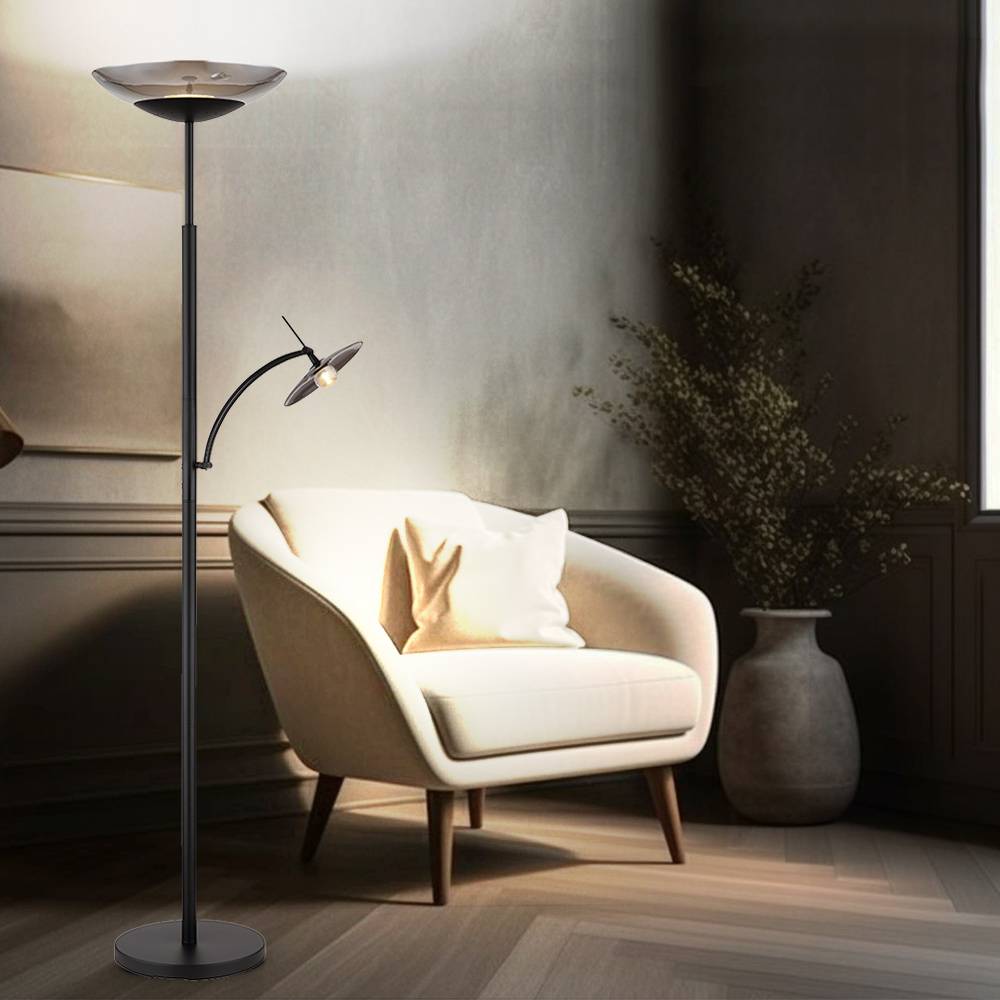 LED Stehlampe Deckenfluter Leselampe Wohnzimmerlampe Schlafzimmerleuchte, Metall schwarz Glas rauchfarben, Touchdimmer Leselampe beweglich, 40W