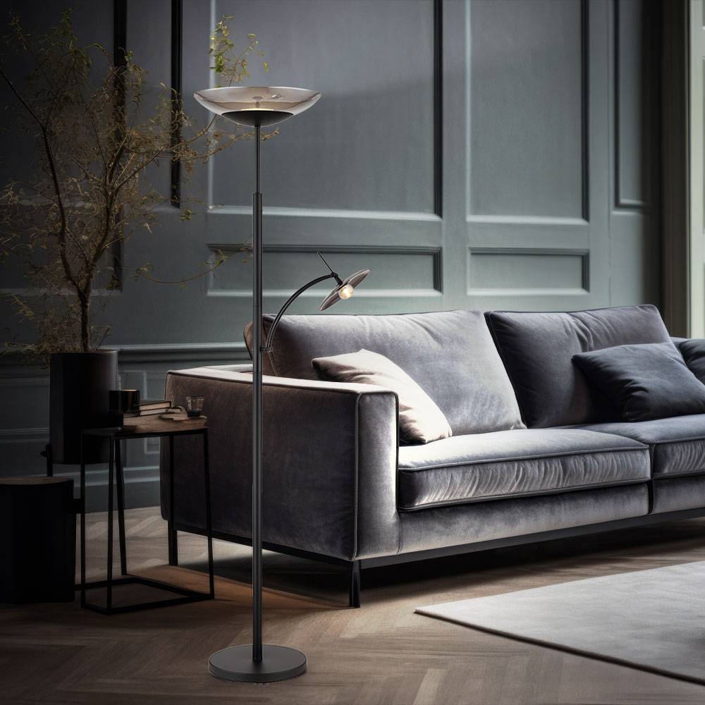 LED Stehlampe Deckenfluter Leselampe Wohnzimmerlampe Schlafzimmerleuchte, Metall schwarz Glas rauchfarben, Touchdimmer Leselampe beweglich, 40W