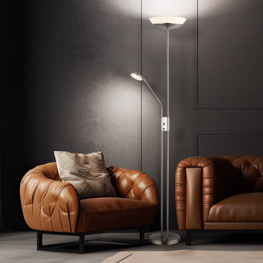 LED Stehlampe Deckenfluter Wohnzimmerlampe Schlafzimmerleuchte, Metall Glas Kunststoff nickel satiniert, dimmbar Flexo schwenkbar, 18W 1370lm 3000K