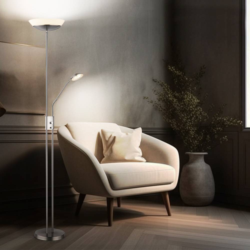 LED Stehlampe Deckenfluter Wohnzimmerlampe Schlafzimmerleuchte, Metall Glas Kunststoff nickel satiniert, dimmbar Flexo schwenkbar, 18W 1370lm 3000K