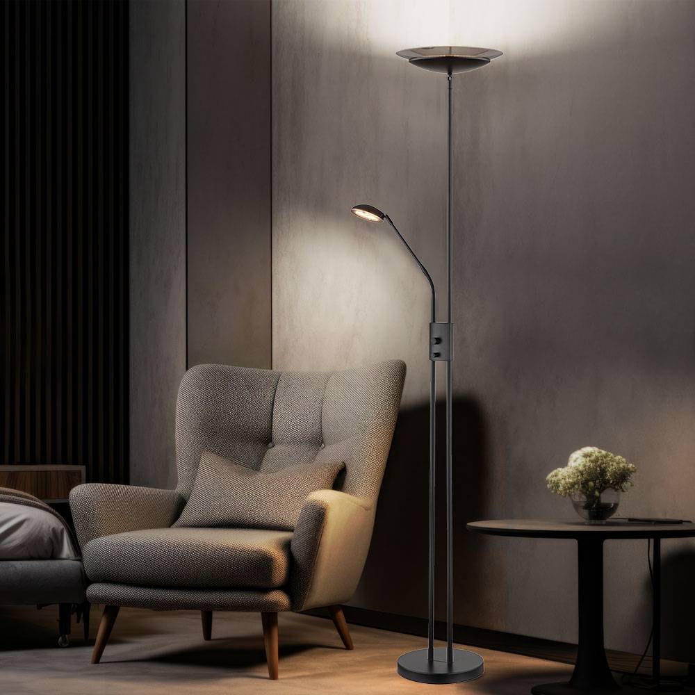 LED Deckenfluter Stehlampe Wohnzimmerleuchte Schlafzimmerlampe, Metall schwarz Glas rauchfarben Kunststoff, dimmbar Lesearm schwenkbar Flexo, 18W