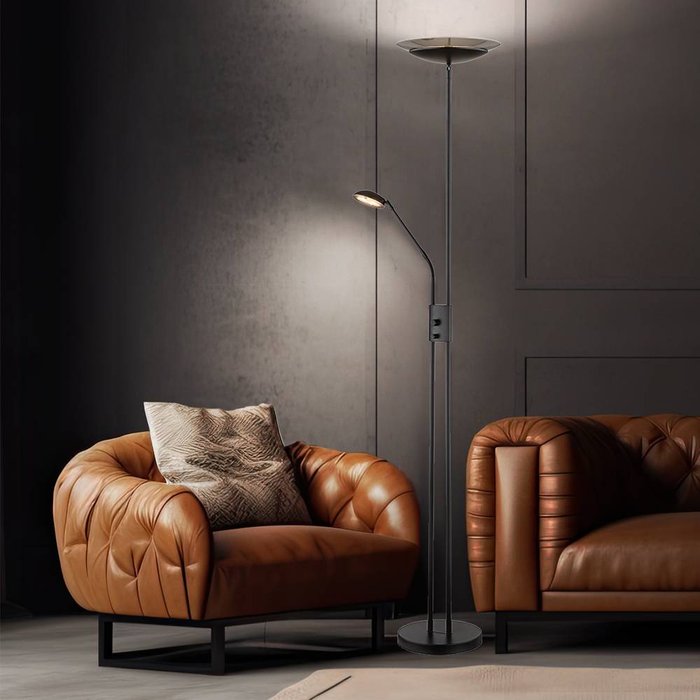 LED Deckenfluter Stehlampe Wohnzimmerleuchte Schlafzimmerlampe, Metall schwarz Glas rauchfarben Kunststoff, dimmbar Lesearm schwenkbar Flexo, 18W