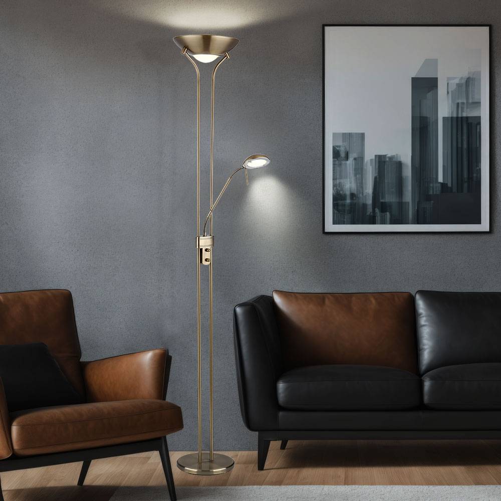 Stehlampe Deckenfluter LED dimmbar mit Leselampe LED-Stehlampen mit Dimmer, Lesespot flexibel altmessing, 2x LED 16 W 1440 lm, warmweiß, H 180 cm