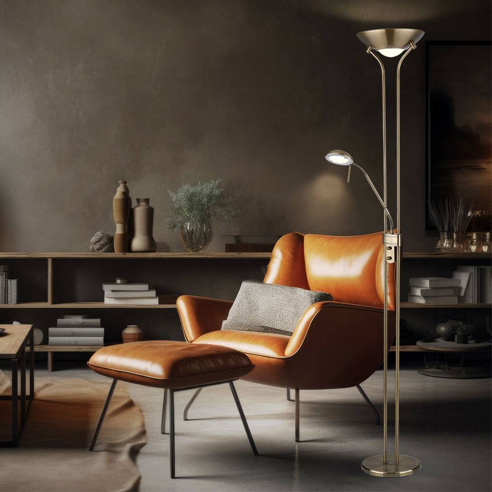 Stehlampe Deckenfluter LED dimmbar mit Leselampe LED-Stehlampen mit Dimmer, Lesespot flexibel altmessing, 2x LED 16 W 1440 lm, warmweiß, H 180 cm