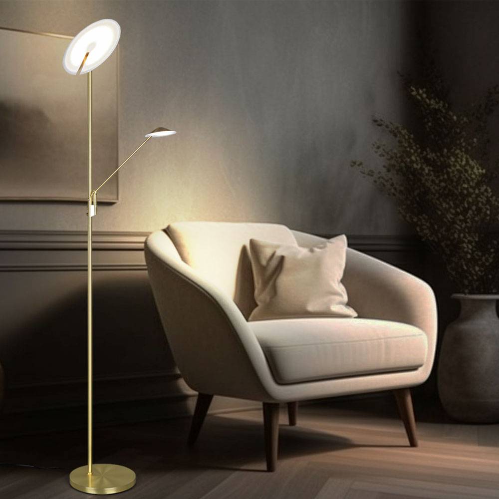 LED Stehlampe Leseleuchte verstellbar Deckenfluter dimmbar Standlampe messing Wohnzimmerlampe, getrennt schaltbar, 30W 3500lm warmweiß + neutralweiß