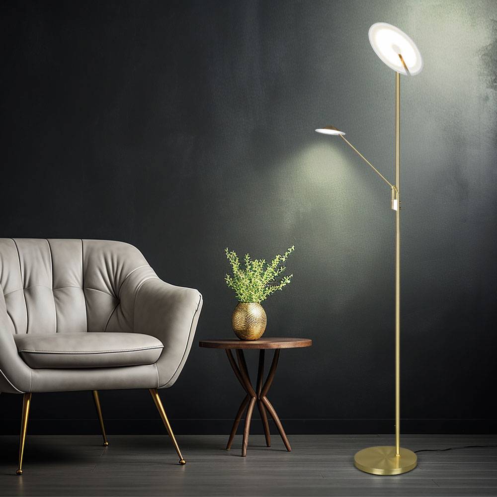 LED Stehlampe Leseleuchte verstellbar Deckenfluter dimmbar Standlampe messing Wohnzimmerlampe, getrennt schaltbar, 30W 3500lm warmweiß + neutralweiß