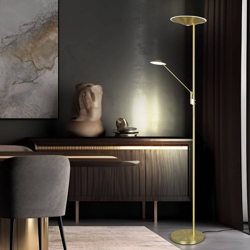 LED Stehlampe Leseleuchte verstellbar Deckenfluter dimmbar Standlampe messing Wohnzimmerlampe, getrennt schaltbar, 30W 3500lm warmweiß + neutralweiß