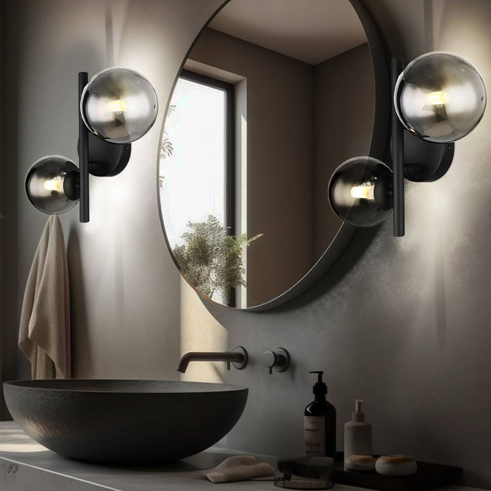 LED Wandleuchte Schlafzimmerlampe Wandlampe Flurleuchte Metall Glas schwarz rauch, 2x G9, 2x 80lm, 3000K warmweiß, H 12,5 cm