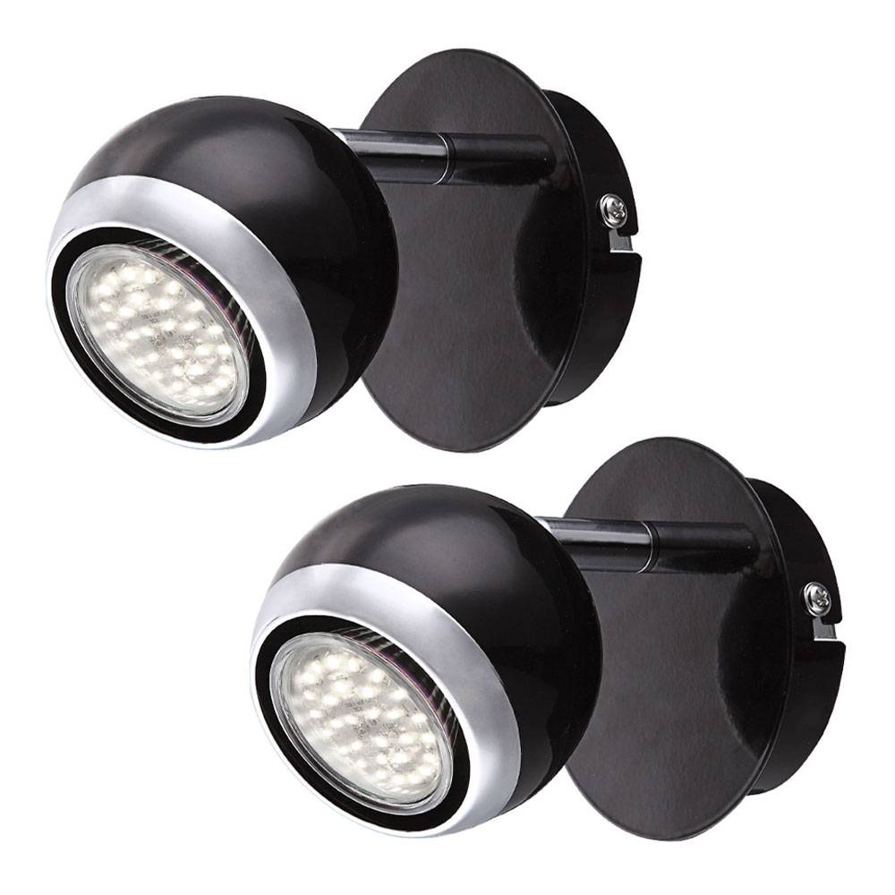 Wandlampe Metall Chrom Wandspot verstellbar LED Strahler, beweglicher Spot, schwarz ring Design, 1x LED 3W 250 lm warmweiß, H 11,5 cm, 2er Set