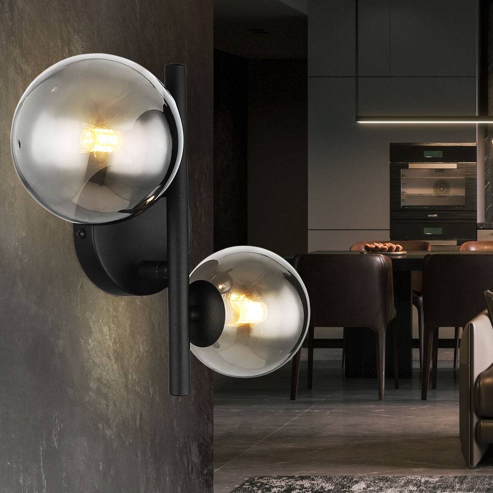 Wandlampe LED Wandleuchte Wohnzimmerlampe Flurleuchte Metall Glas schwarz rauch, 2x G9, 2x 80lm, 3000K warmweiß, H 12,5 cm