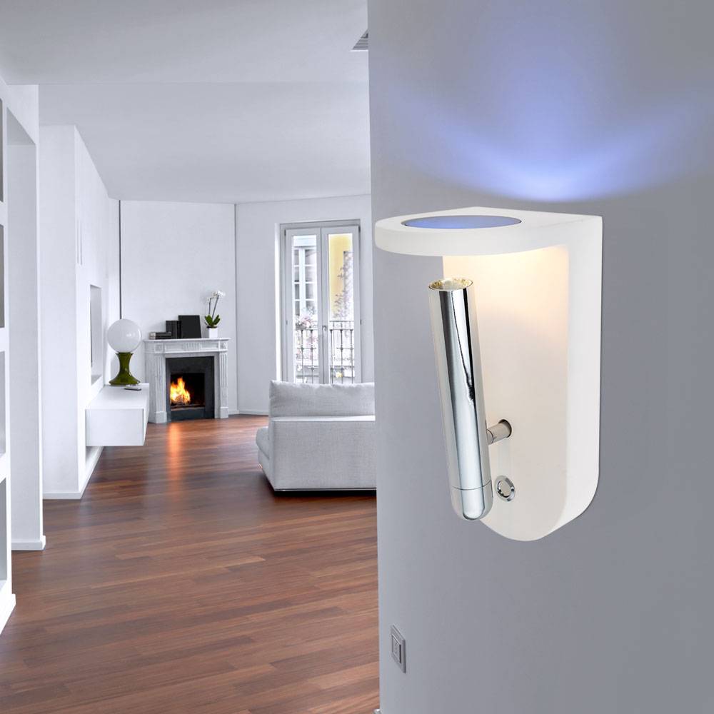 Wandlampe Innen modern Wohnzimmer Wandleuchte mit beweglichem Spot aus Gips, weiß Gläser tauschbar, 4,2 Watt 180 Lumen 3000 Kelvin, HxB 22x10,5 cm